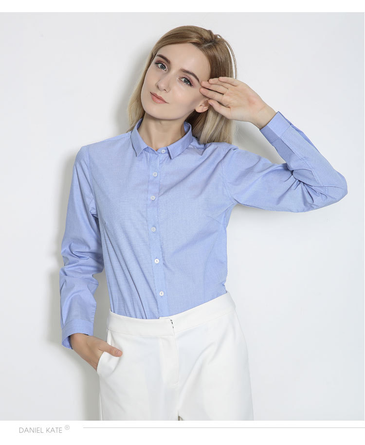 高端纯棉正装衬衣 蓝色衬衫女 韩范百搭显瘦职业装小翻领全棉上衣