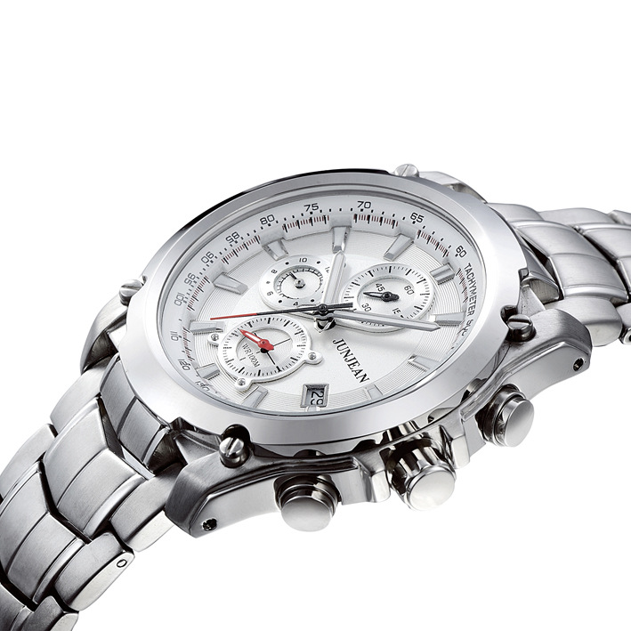 君将手表813款 运动三眼男士手表 钢带六针手表 junjean石英表