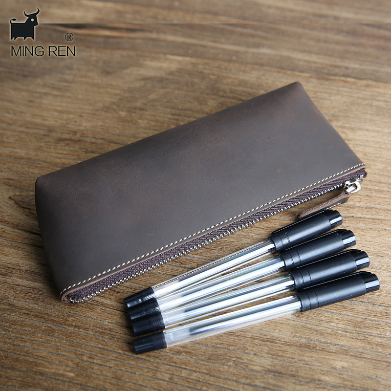 Factory Direct Sales Handmade Crazy Horse Leather for Men and Women Leather Pencil Case Large Capacity Pen Sleeve First Layer Cowhide Zipper Stationery Case