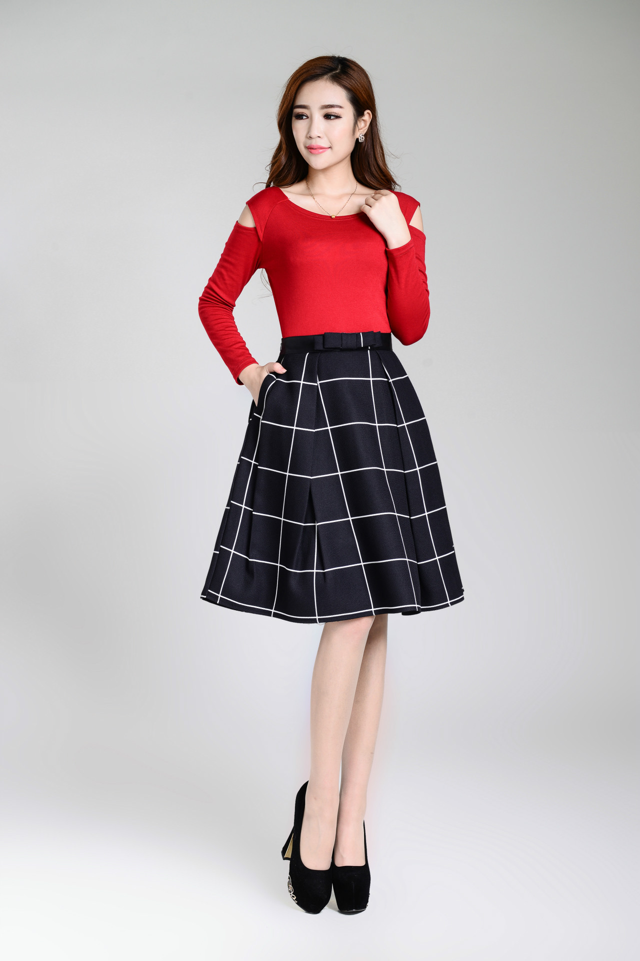 春装复古英伦风格子中长款a字裙女装 2016新品蝴蝶节双口袋半身裙