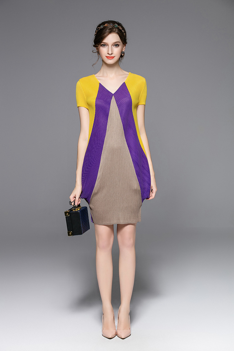 欧洲站2016时尚新品褶皱撞色拼接个性显瘦连衣裙