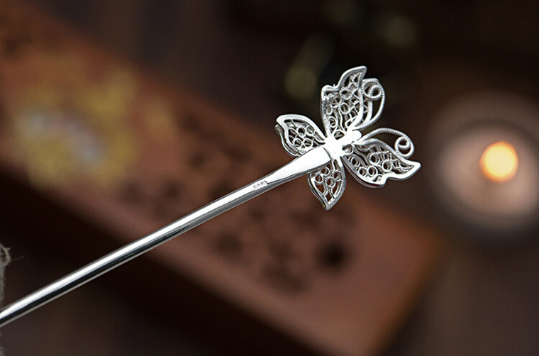 纯银发簪 s990足银孔雀开屏蝴蝶银簪子发钗女式民族风发饰
