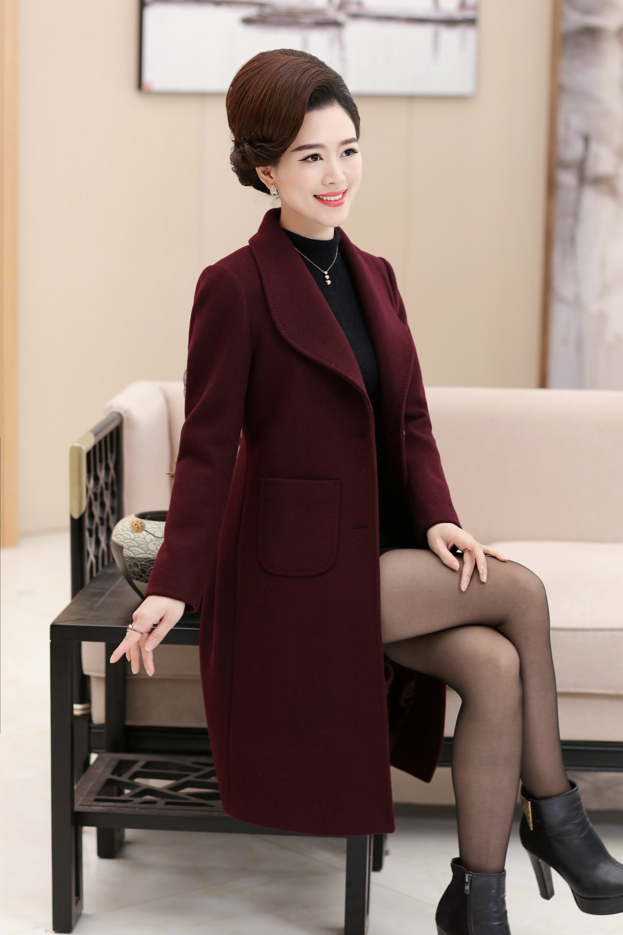 声玛施中老年女装羊绒大衣中长款**中年妈妈装羊毛呢外套女