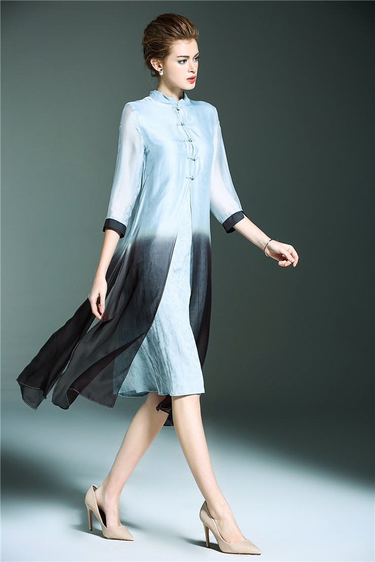 2018春夏新款品牌高端女装大码中国风旗袍连衣裙真丝立领大摆长裙