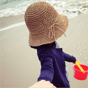 韩版手工钩编亲子草帽折叠女沙滩帽儿童夏季遮阳帽海滩渡假渔夫帽