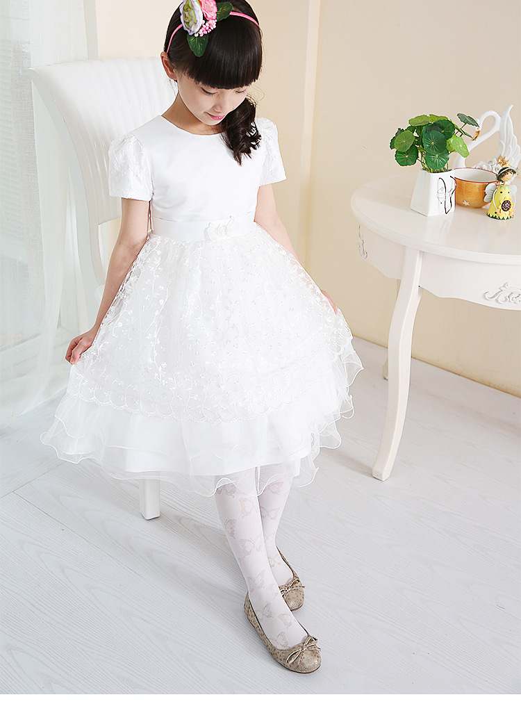 童装女童连衣裙儿童礼服公主裙夏表演出蓬蓬白色婚纱裙子大童主持