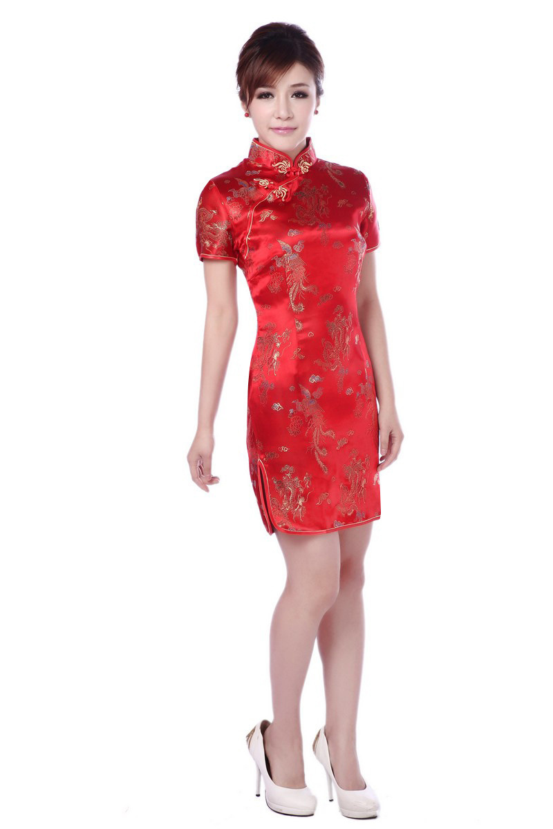 丝绸锦缎唐装连衣裙礼服演出服中式复古短袖龙凤短款女装旗袍大红