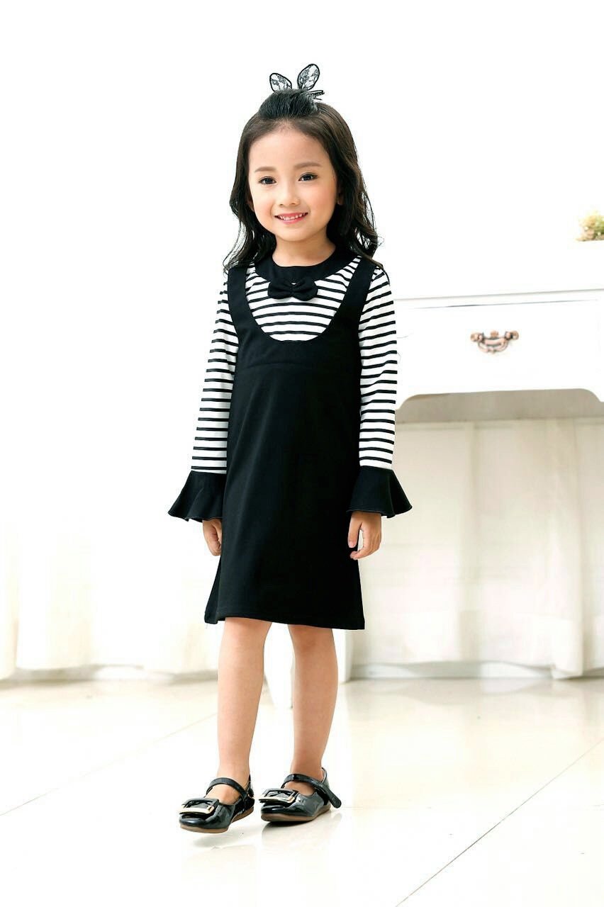 外贸童装女童韩版新款秋装儿童纯棉4-8岁条纹荷叶边长袖连衣裙