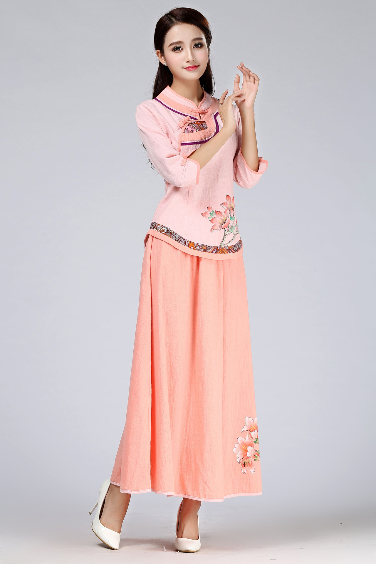 高档唐装女棉麻改良汉服手工手绘花朵旗袍上衣春夏秋茶艺师服装