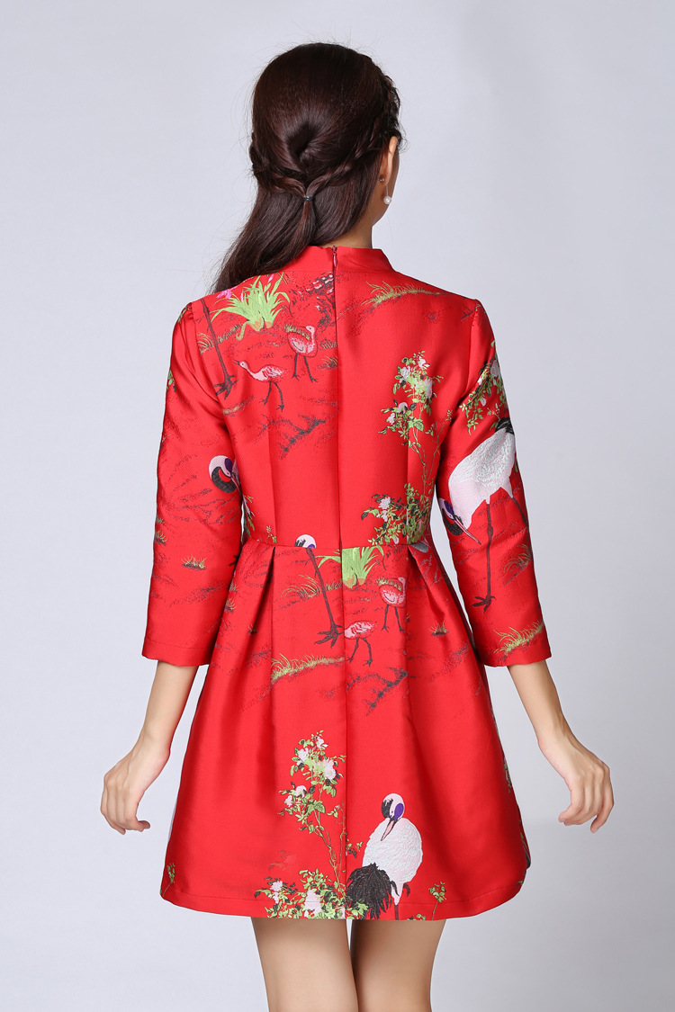 原创设计高档锦缎立领改良中长款旗袍秋冬加厚中长袖过年连衣裙