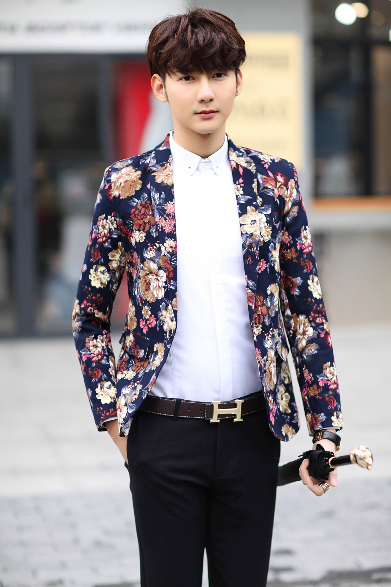 新款男士花纹西装 时尚男士休闲西服 青年