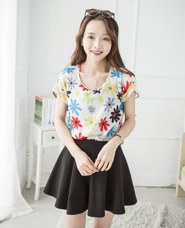 韩版时尚个性性感宽松印花雪纺衫 女式雪纺短袖蝙蝠袖雪纺t恤上衣