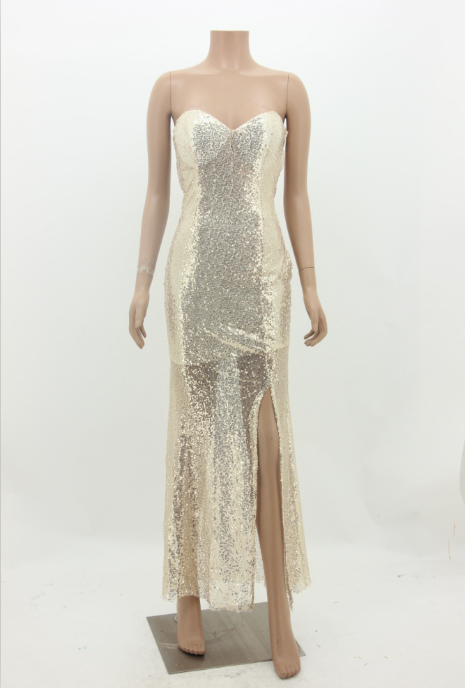 亚马逊 wish热卖欧美抹胸金片紧身性感开腿礼服长裙 女装连衣裙