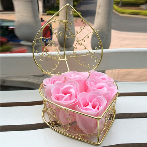 Wholesale Women's Day Gift 6 Roses Soap Flower Iron Basket Creative Festival Promotional Supplies Artificial Flowers