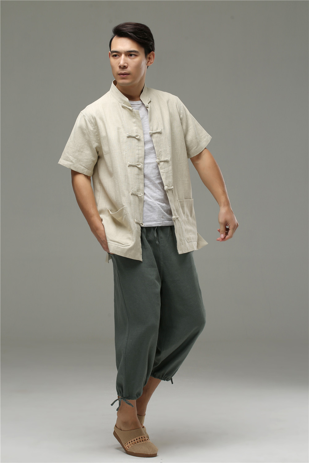 2018夏季新款纯麻对襟短袖上衣 中式盘扣对襟衬衫