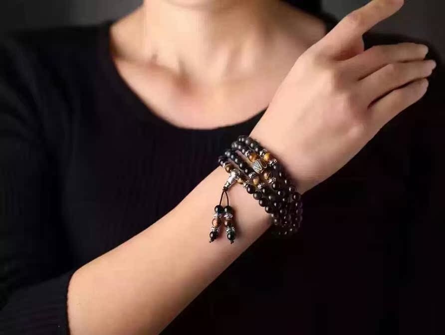 天然黑曜石手链108颗多圈手串手链黑玛瑙手链108颗多圈手.