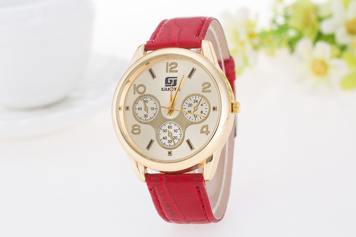 guote正品简约休闲皮带圆形石英腕表女情侣手表学生包邮