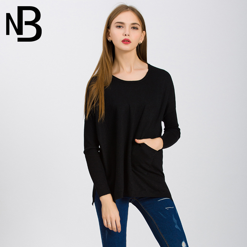 2016年秋冬欧美风套头圆领宽松型口袋女针织面衫毛衣