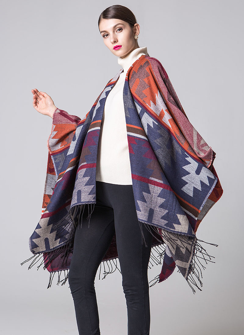 印第安几何菱形加长加厚仿羊绒wish爆款民族风旅行开叉披肩斗篷