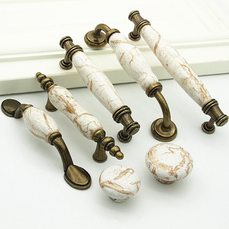 新大理石纹陶瓷拉手橱柜欧式把手锌合金田园风仿古衣柜酒柜门把手