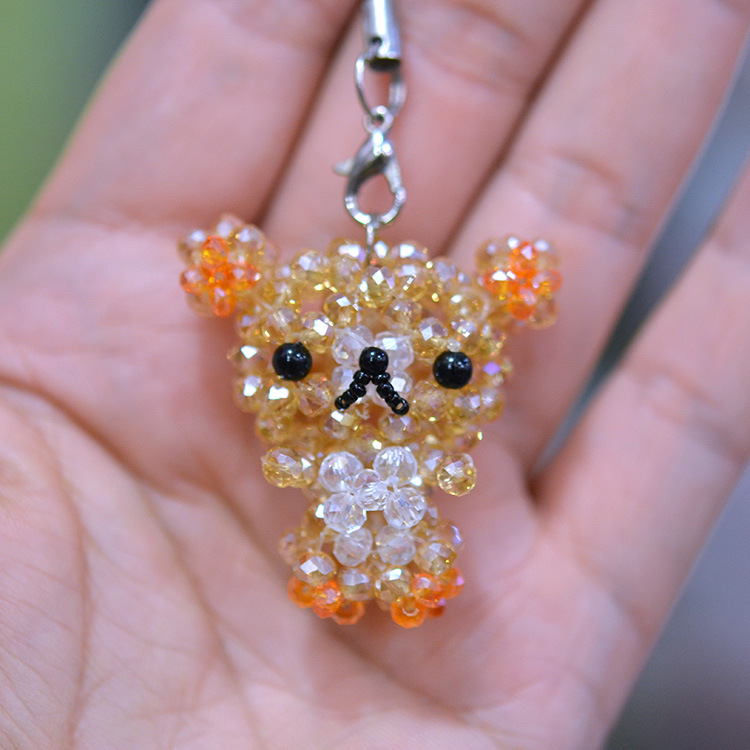 手工串珠水晶轻松熊公仔 扁熊 钥匙挂饰