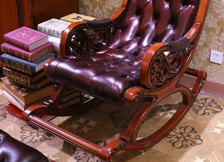 欧式摇椅美式实木雕花真皮摇椅别墅卧室休闲椅老人躺椅子