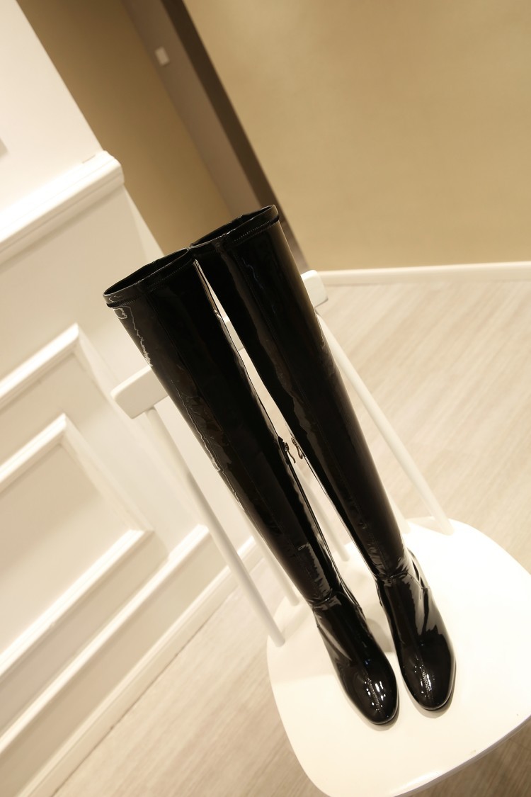 左岸潇同款欧美真皮显瘦漆皮亮皮水晶透明跟粗跟高筒过膝靴长靴女