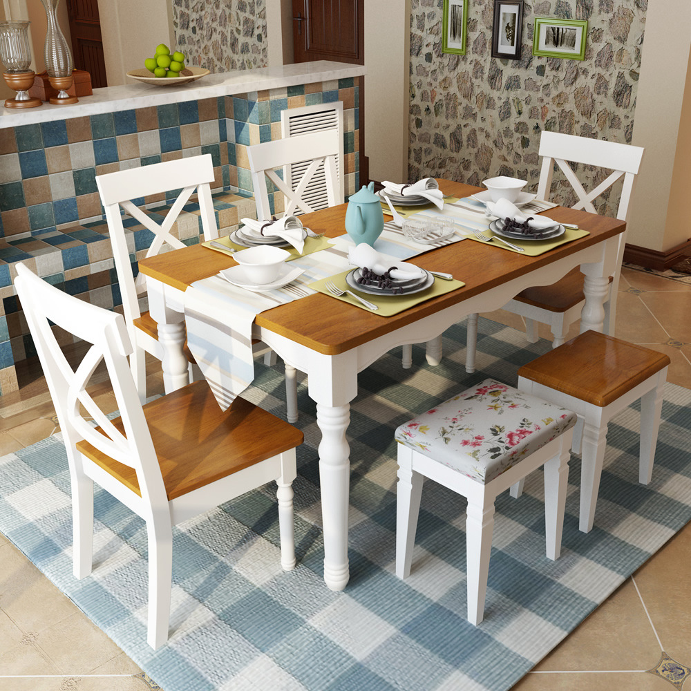 现代简约实木餐桌椅 地中海西餐桌椅子 饭店方桌白色木质饭桌子