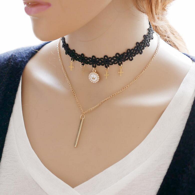韩版时尚黑色皮绳多层铆钉项链水钻十字架项圈外贸爆款