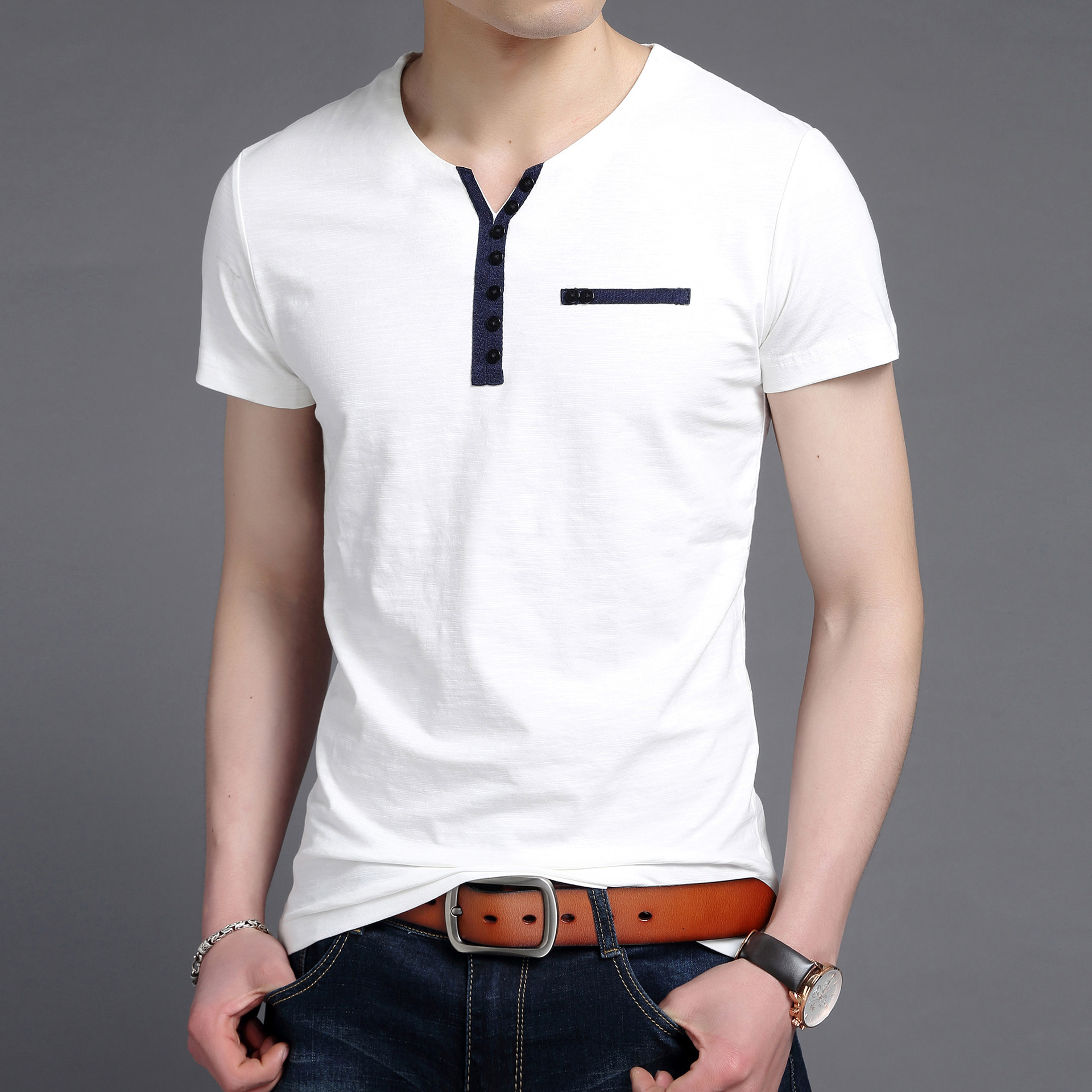 夏季男士短袖t恤 纯色v领体恤 男装修身衣服 夏装半袖 纯棉短袖t