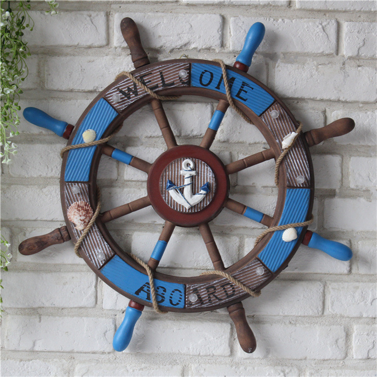 45公分船舵 复古做旧木质工艺 手工创意航海船舵手酒吧装饰带灯