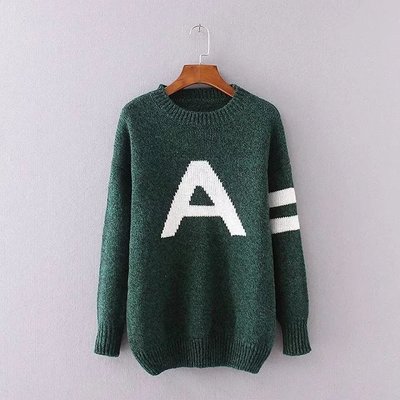 2016秋冬新款韩版中长款打底保暖针织衫撞色字母图案长袖套头毛衣