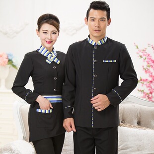 服务员长袖工作服男女可配套装酒店餐饮服务生工衣交叉领服装
