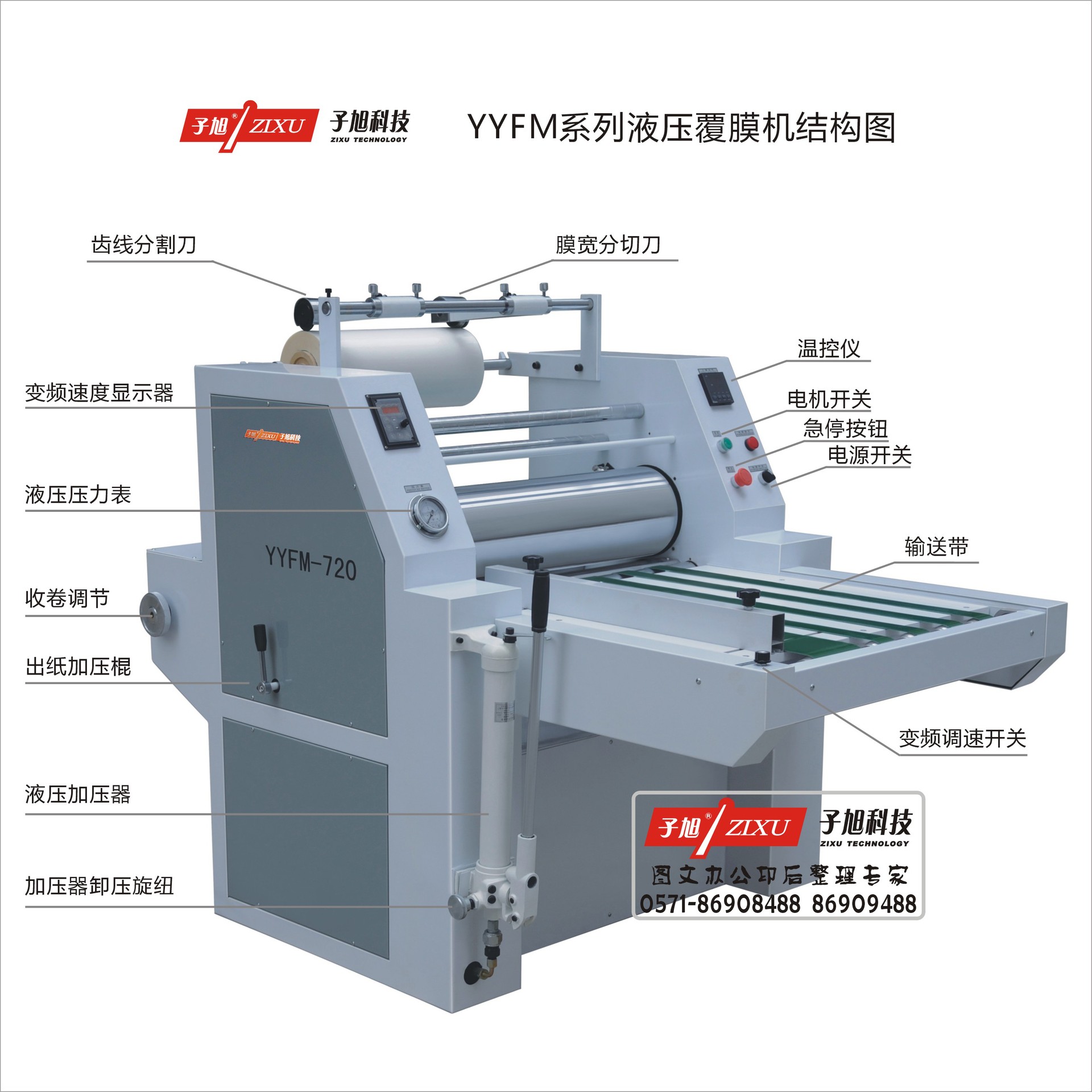 yyfm-720型大滚筒重型液压覆膜机(带膜宽分切)手动液压覆膜机