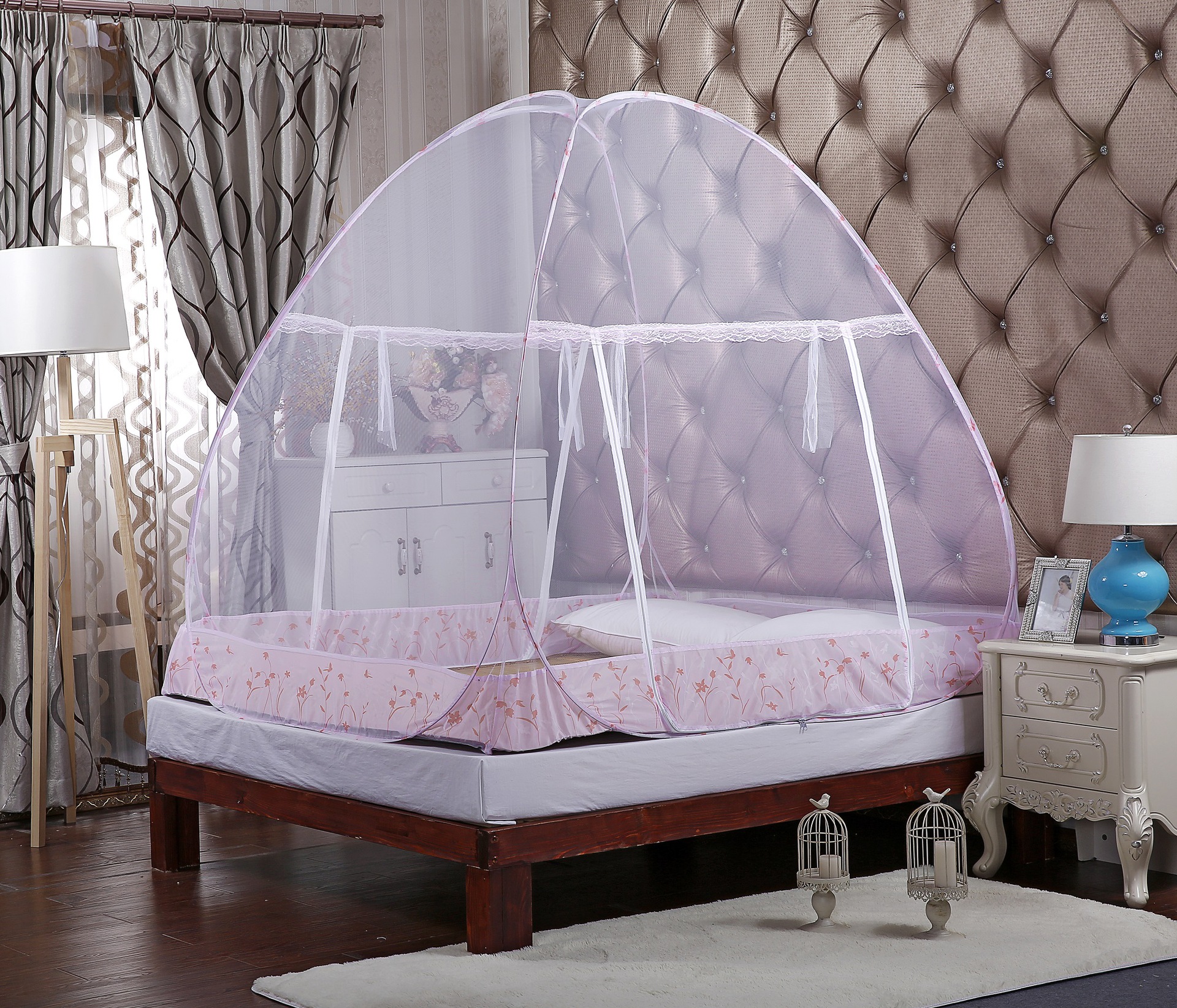 新款蒙古包蚊帐有底折叠公主床帐单人床学生蚊帐免安装加密蚊帐