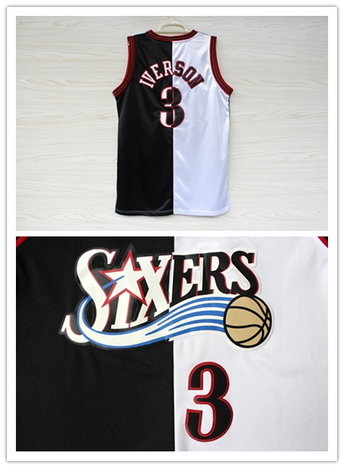 nba篮球球衣76人队艾弗森3号黑白分裂版刺绣nba艾弗森篮球服