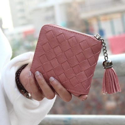 复古新款编织两折包 韩系手工编织皮流苏拉链短款女士钱包