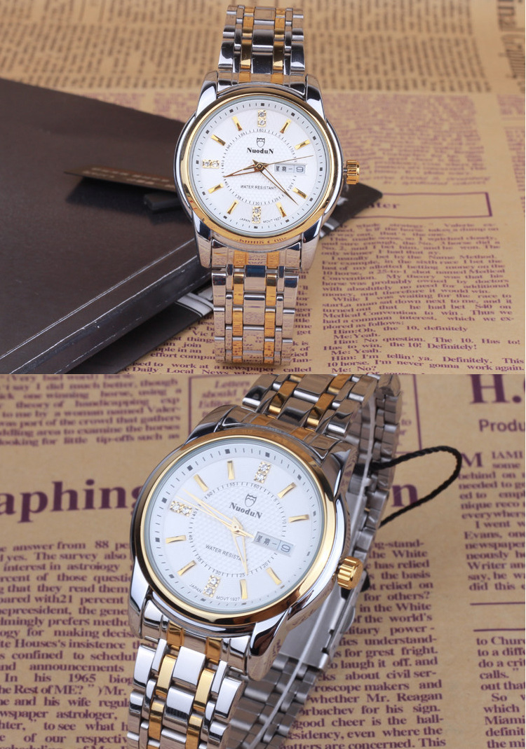 诺顿男士手表石英表防水时装女士手表双日历钢带手表男情侣手表