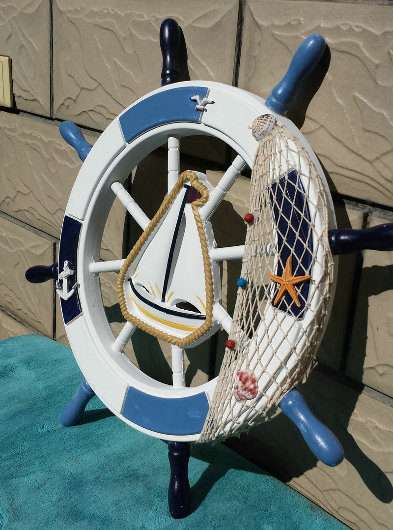 地中海风格舵手木质方向盘船舵62公分帆船舵手家居墙面装饰挂饰