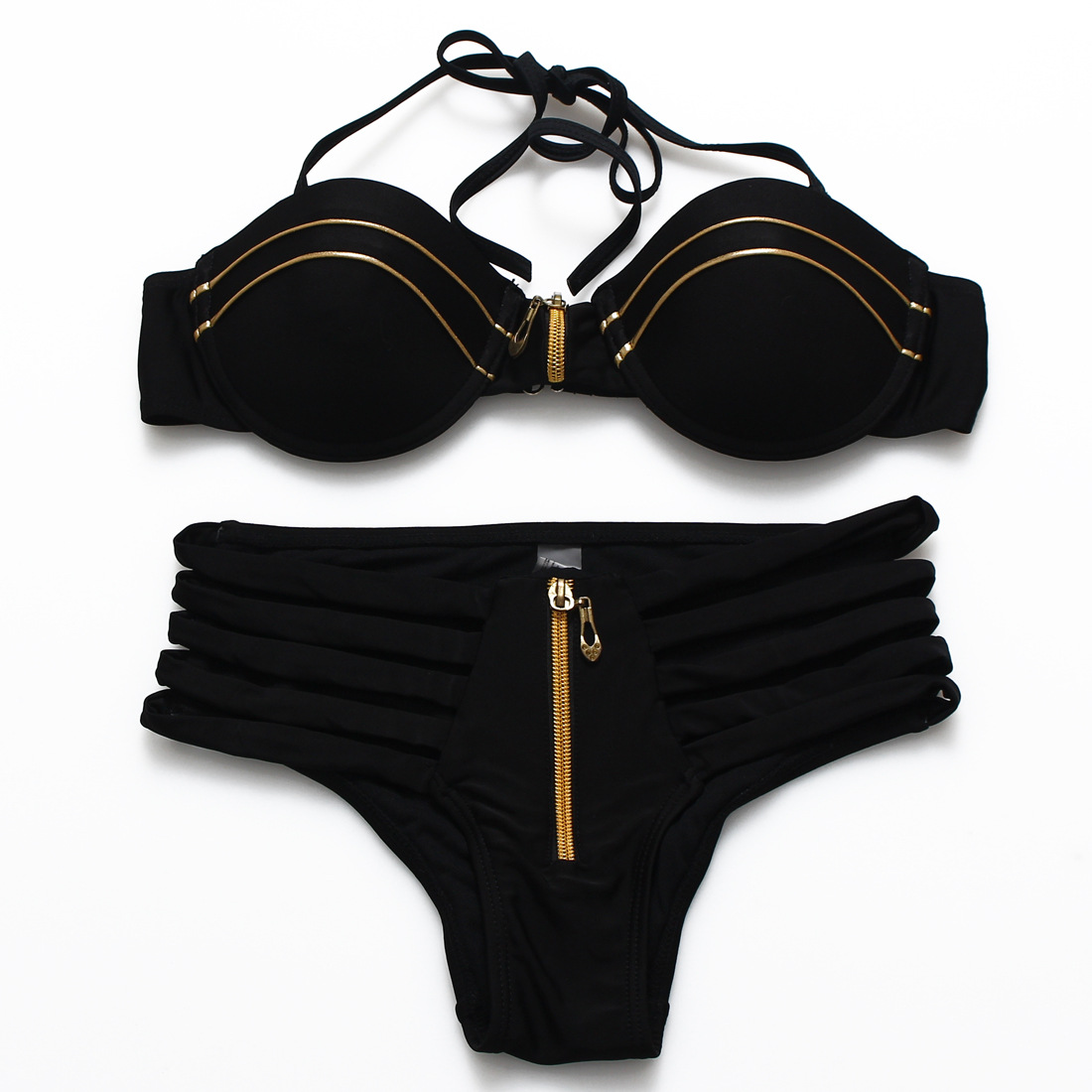 速卖通亚马逊欧美外贸黑色女士分体泳衣 性感镂空金色拉链比基尼