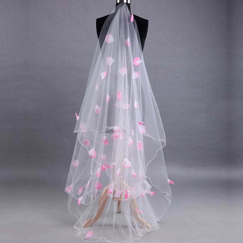 3米头纱粉色花瓣 造型写真摄影旅拍长头纱 婚纱礼服长款头纱