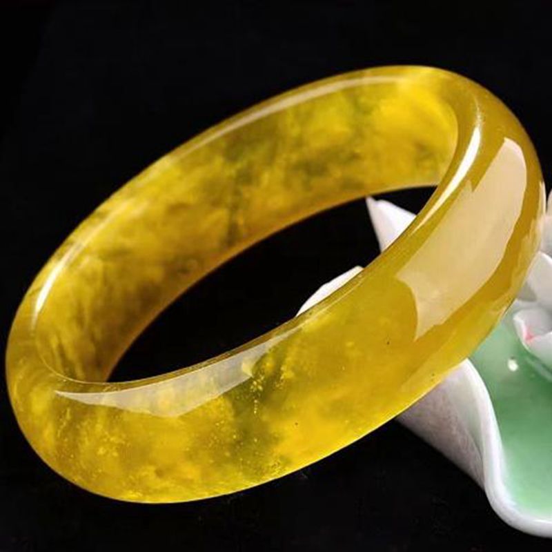 玉石黄色岫玉手镯a货玉镯子冰种飘花水沫玉女手镯玉石带证书