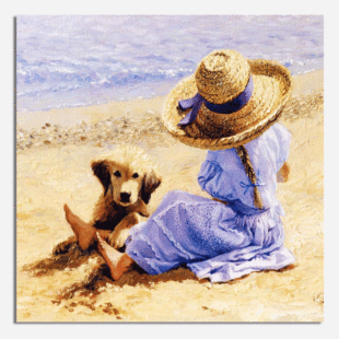 海边沙滩小女孩与狗钻石画满钻 一件代发厂家直销
