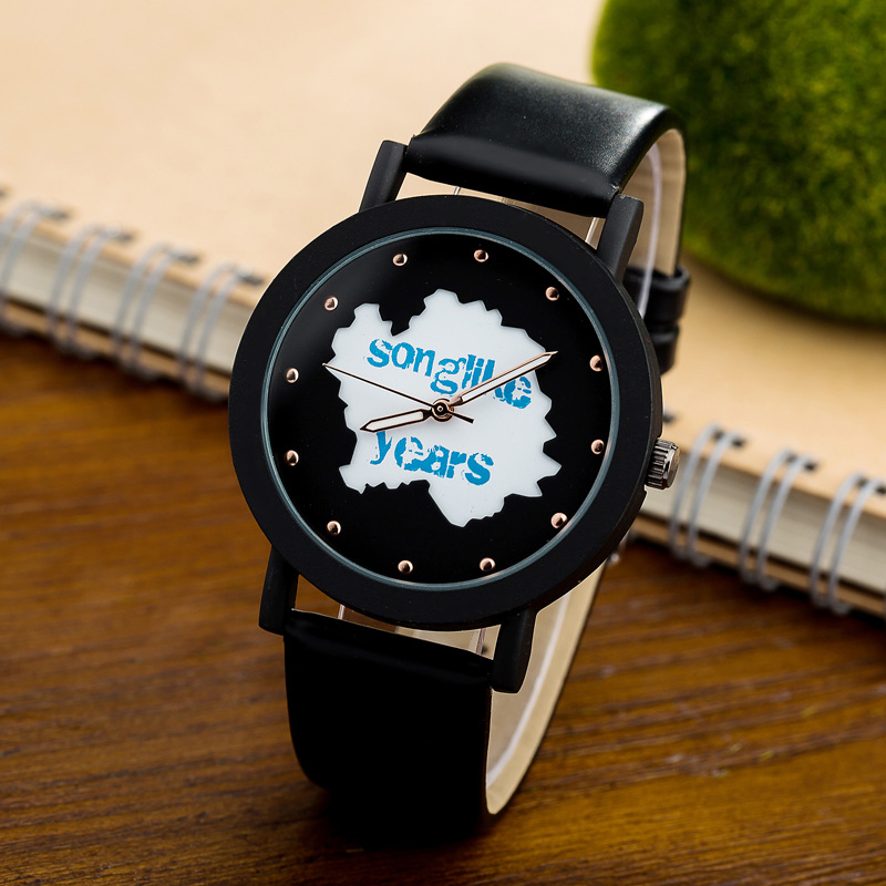 新款地图英文外贸手表非凡时尚男女士防水石英表pu潮流学生表