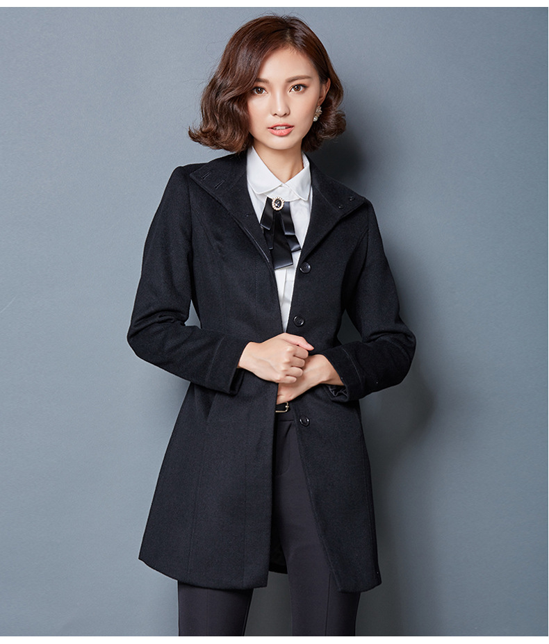 职业毛呢外套藏青女中长款修身加厚呢妮子大衣女韩版冬装工装外套