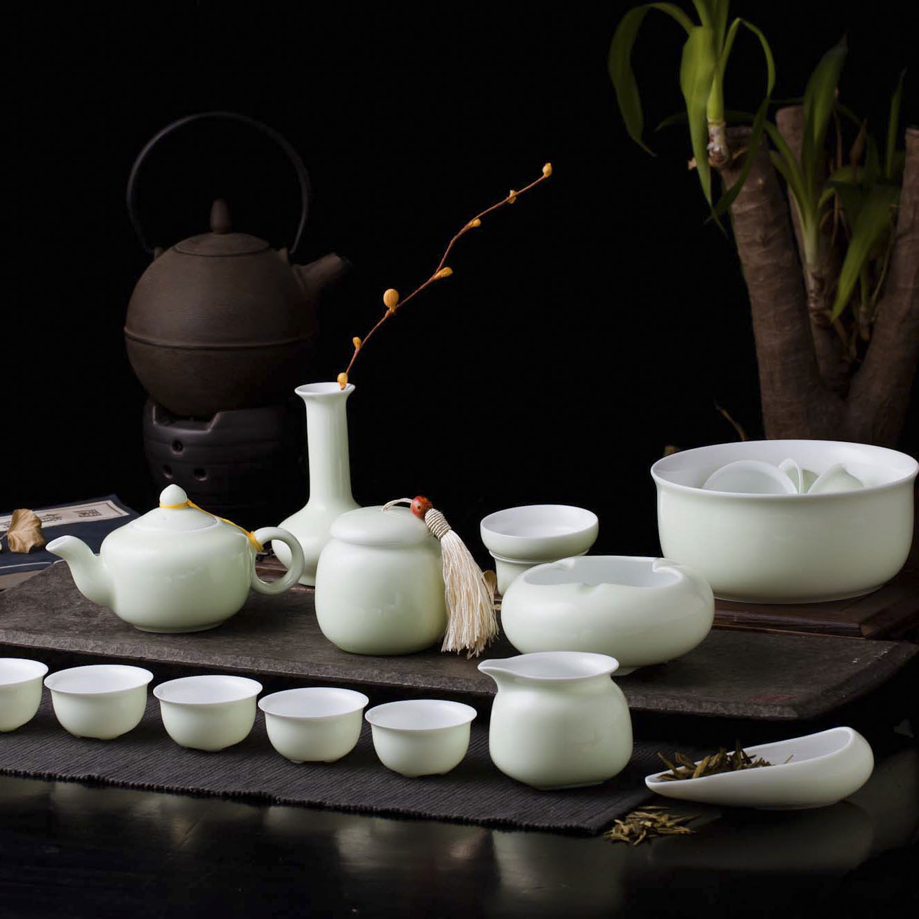 大套组青瓷茶具套装豆青釉功夫茶具整套景德镇陶瓷茶海茶洗茶叶罐