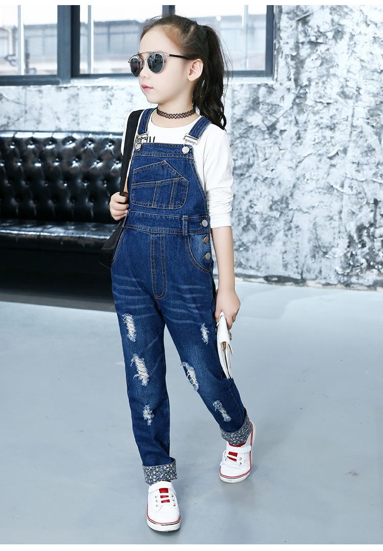 潮流童仔2016女童秋装牛仔裤儿童裤子中大女童长裤女孩破洞背带裤
