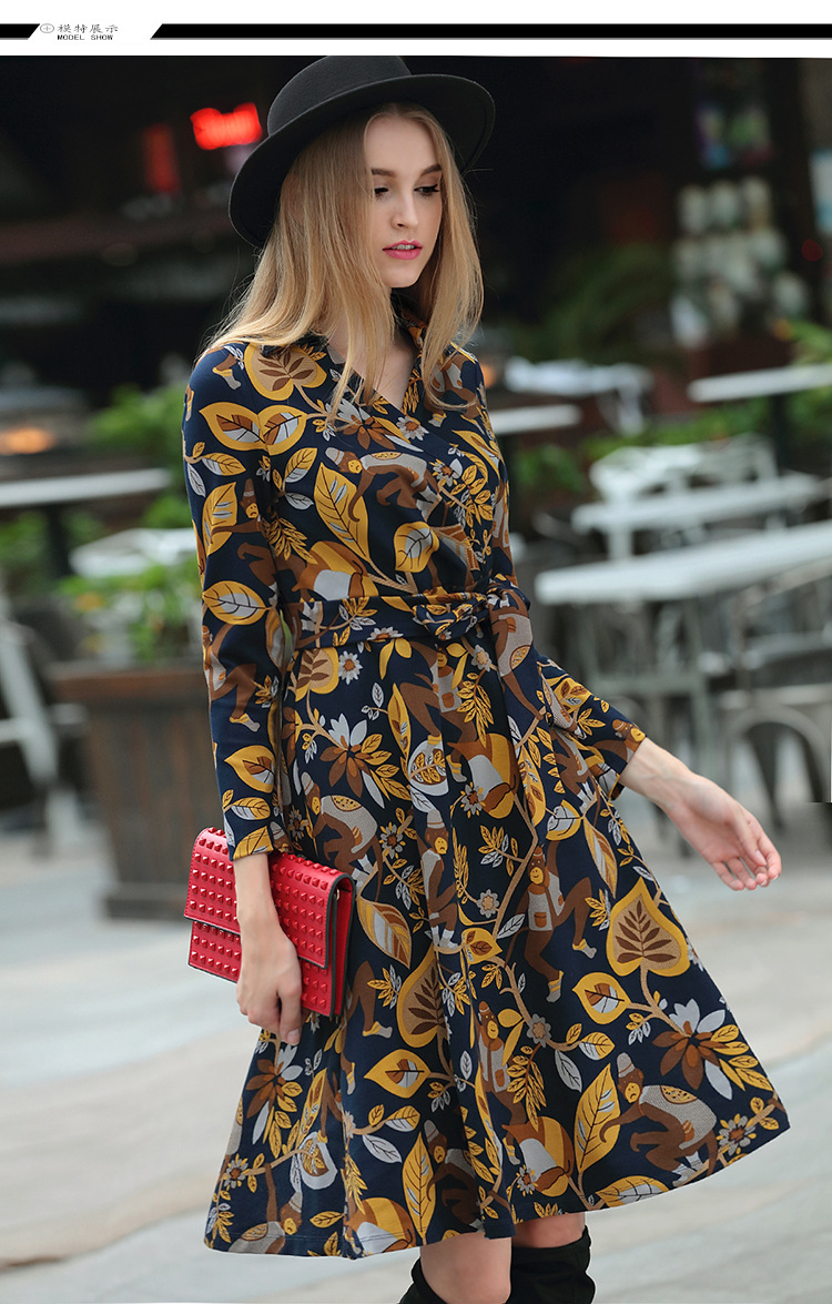 欧美大牌v领碎花印花长袖修身欧洲站长袖连衣裙春新款16264