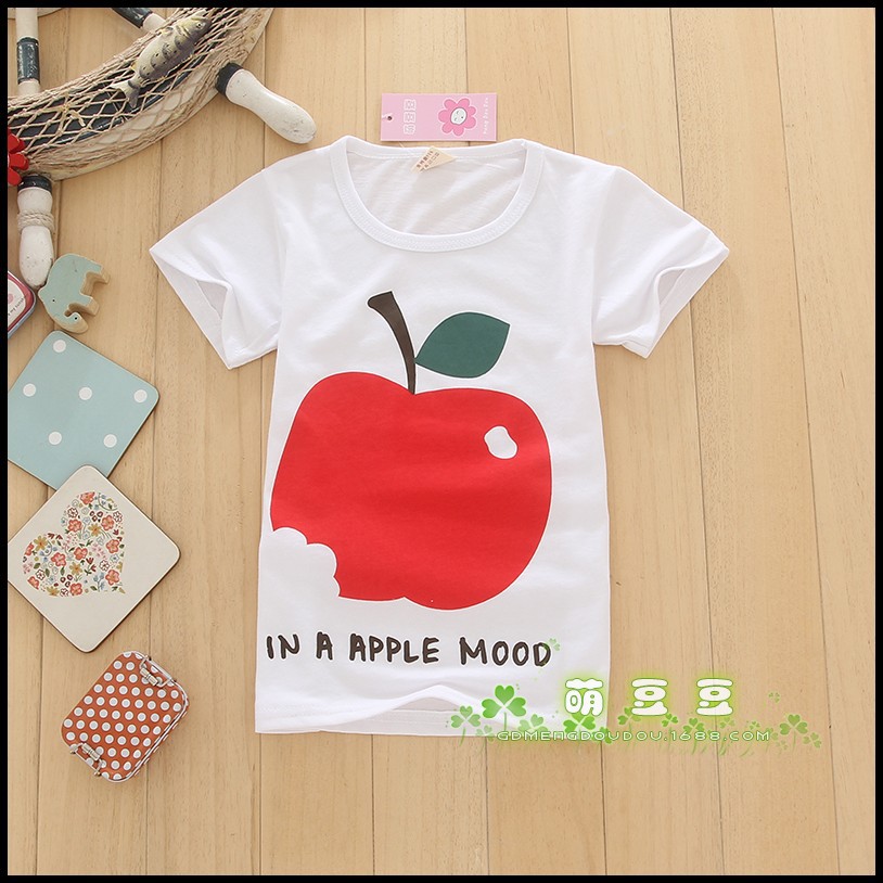 童装批发 2016夏季韩版潮流童装白色上衣男童红苹果短袖t恤