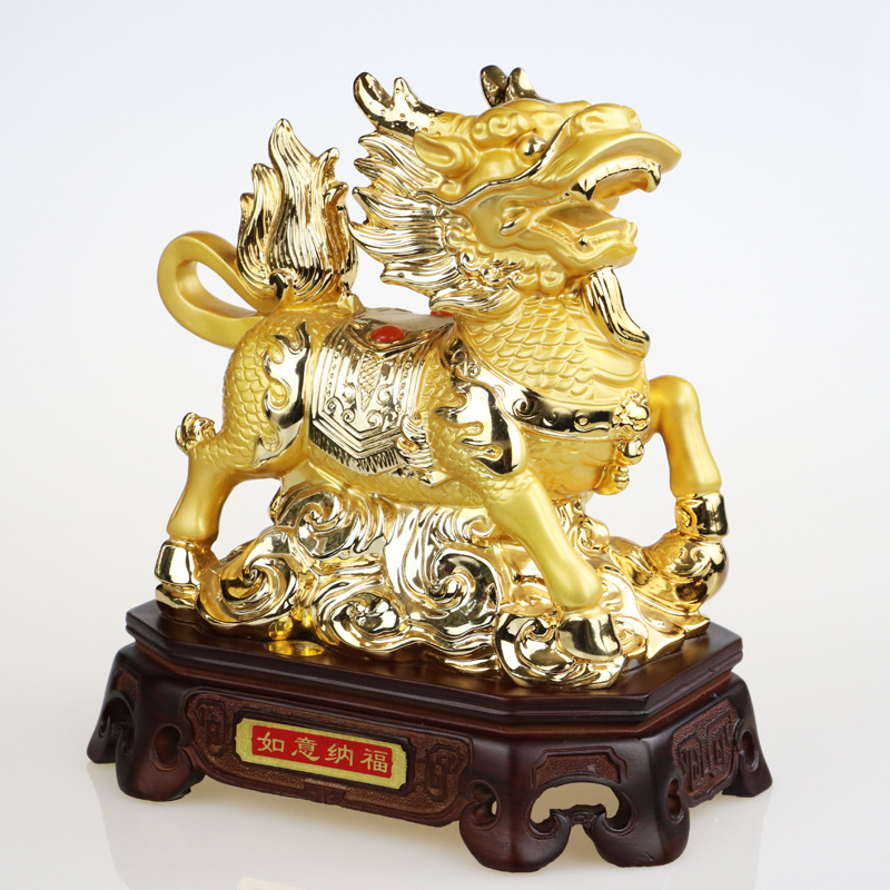 雅信树脂工艺招财对麒麟摆件沙金办公室商务开业乔迁礼品工厂批发